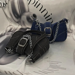 Nia Two-Way Denim Stitch Chain Mini Hobo Shoulder Bag in