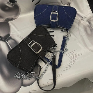 Nia Two-Way Denim Stitch Chain Mini Hobo Shoulder Bag in