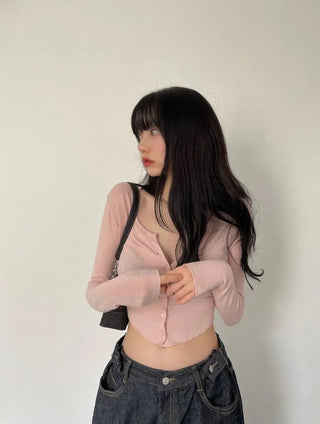 Fogni Wool Roll Button Long Sleeve Slim Cardigan