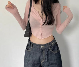 Fogni Wool Roll Button Long Sleeve Slim Cardigan