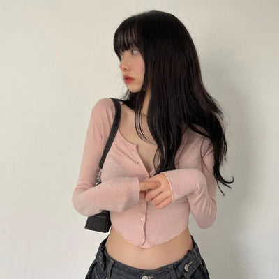 Fogni Wool Roll Button Long Sleeve Slim Cardigan