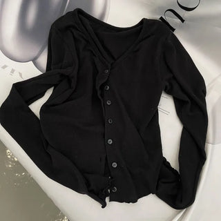 Fogni Wool Roll Button Long Sleeve Slim Cardigan
