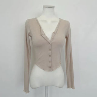 Fogni Wool Roll Button Long Sleeve Slim Cardigan