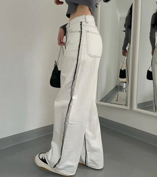 Stitch Line Semi-Uneven Wide Denim Cotton Pants