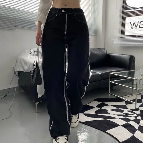 Stitch Line Semi-Uneven Wide Denim Cotton Pants
