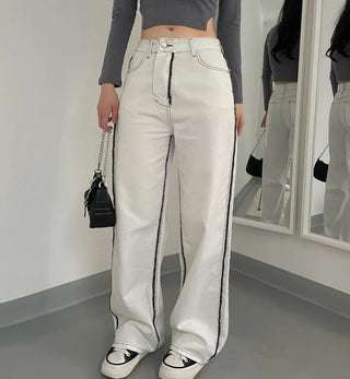 Stitch Line Semi-Uneven Wide Denim Cotton Pants