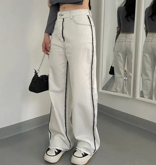 Stitch Line Semi-Uneven Wide Denim Cotton Pants