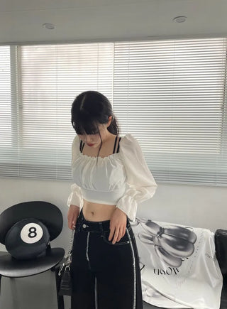 Stitch Line Semi-Uneven Wide Denim Cotton Pants