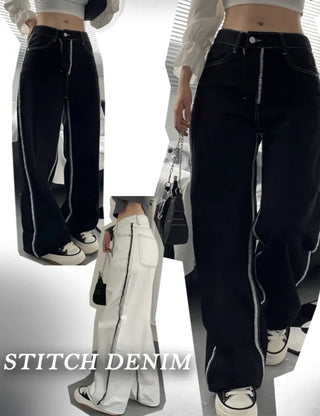Stitch Line Semi-Uneven Wide Denim Cotton Pants