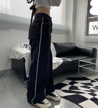 Stitch Line Semi-Uneven Wide Denim Cotton Pants