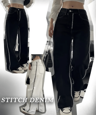 Stitch Line Semi-Uneven Wide Denim Cotton Pants
