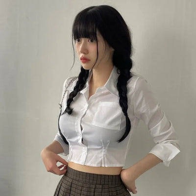 Pipi Collar Crop Preppy Pintuck Fit Shirt