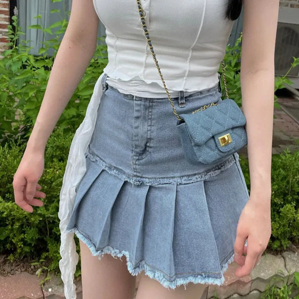 Peach Fringe Denim Pleated Mini Skirt