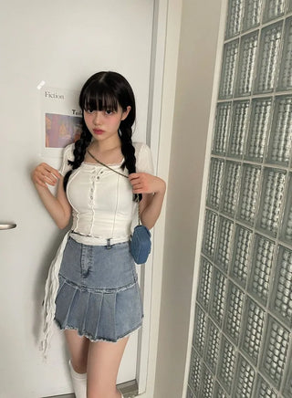 Peach Fringe Denim Pleated Mini Skirt