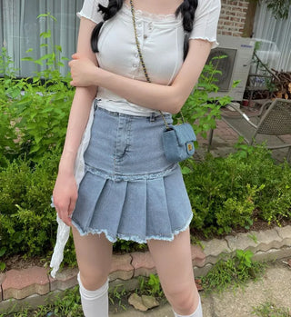 Peach Fringe Denim Pleated Mini Skirt