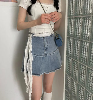 Peach Fringe Denim Pleated Mini Skirt