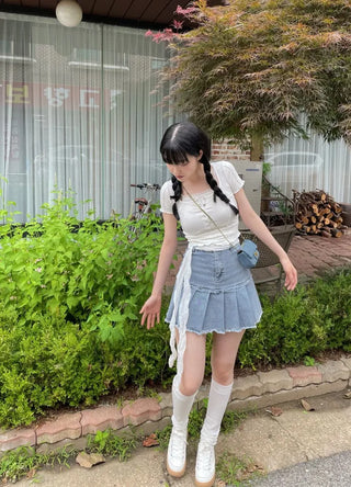 Peach Fringe Denim Pleated Mini Skirt