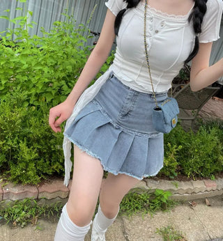 Peach Fringe Denim Pleated Mini Skirt