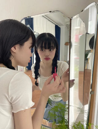 Peach Fringe Denim Pleated Mini Skirt