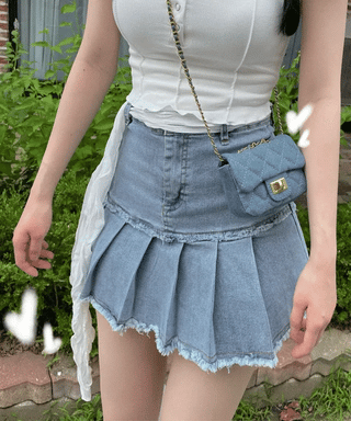Peach Fringe Denim Pleated Mini Skirt