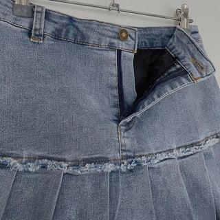 Peach Fringe Denim Pleated Mini Skirt