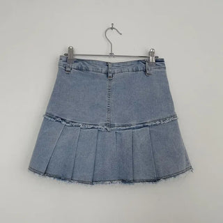 Peach Fringe Denim Pleated Mini Skirt