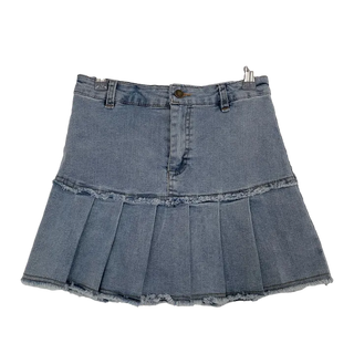 Peach Fringe Denim Pleated Mini Skirt