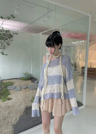 Nana See-through Stripe Loose-fit Lip Neck Knit