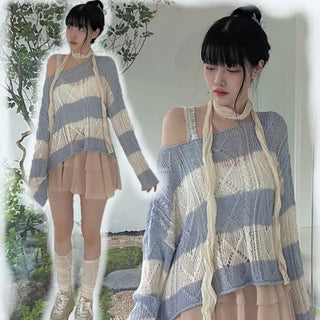 Nana See-through Stripe Loose-fit Lip Neck Knit