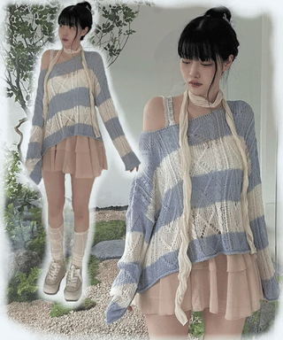 Nana See-through Stripe Loose-fit Lip Neck Knit