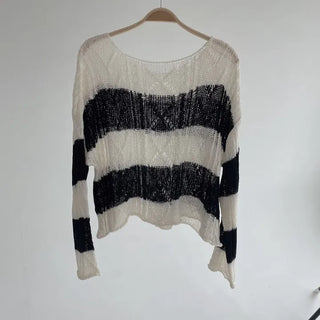 Nana See-through Stripe Loose-fit Lip Neck Knit