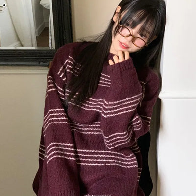 Robe Boat Neck Loose Fit Striped Long Sleeve Knit