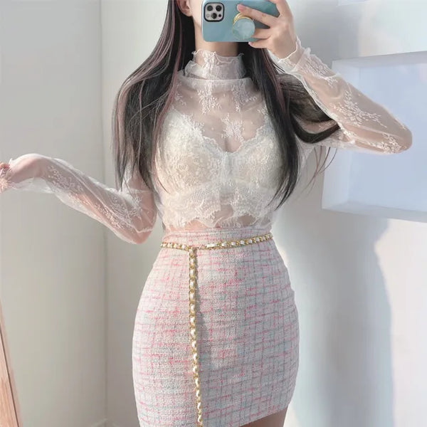 Flower sheer mesh layered wave lace blouse