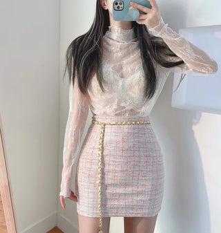 Flower sheer mesh layered wave lace blouse