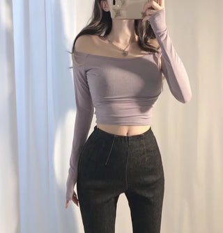 Jane See-Through Spandex Tight Off-Shoulder Lip Neck Two-Way T-Shirt