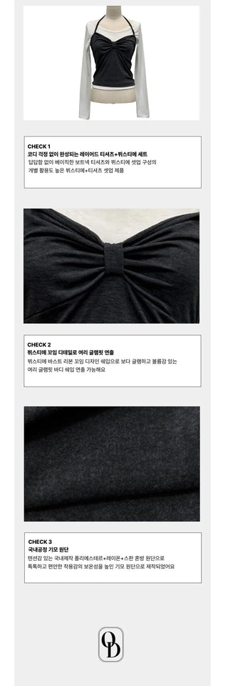 Diver Boat Neck Fleece T-shirt Ribbon Bustier Layered Set