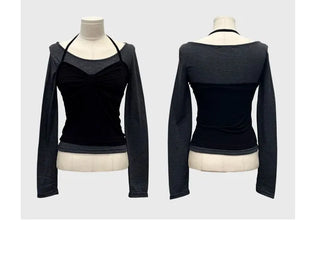 Diver Boat Neck Fleece T-shirt Ribbon Bustier Layered Set