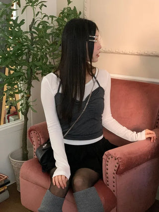 Diver Boat Neck Fleece T-shirt Ribbon Bustier Layered Set