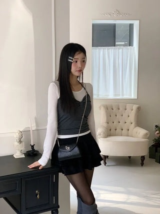 Diver Boat Neck Fleece T-shirt Ribbon Bustier Layered Set