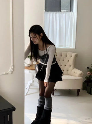 Diver Boat Neck Fleece T-shirt Ribbon Bustier Layered Set
