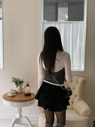 Diver Boat Neck Fleece T-shirt Ribbon Bustier Layered Set