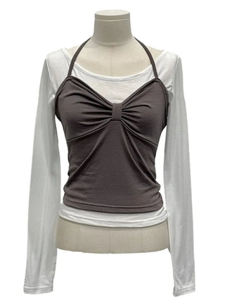 Diver Boat Neck Fleece T-shirt Ribbon Bustier Layered Set