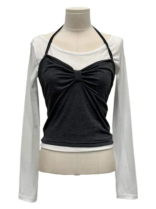 Diver Boat Neck Fleece T-shirt Ribbon Bustier Layered Set