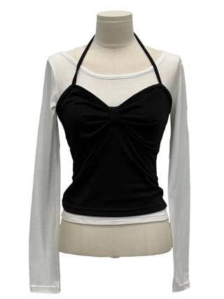 Diver Boat Neck Fleece T-shirt Ribbon Bustier Layered Set