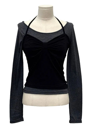 Diver Boat Neck Fleece T-shirt Ribbon Bustier Layered Set