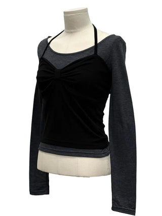 Diver Boat Neck Fleece T-shirt Ribbon Bustier Layered Set