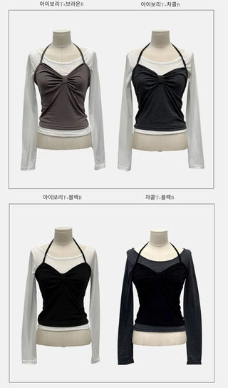 Diver Boat Neck Fleece T-shirt Ribbon Bustier Layered Set