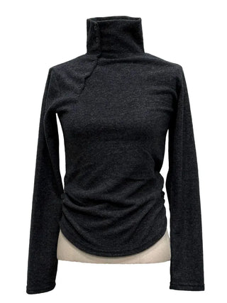 Ible High Neck Polar Diagonal Button Shirring Long Sleeve T-Shirt