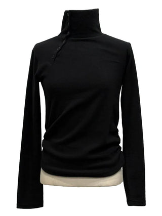 Ible High Neck Polar Diagonal Button Shirring Long Sleeve T-Shirt