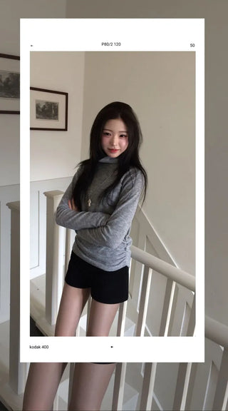 Ible High Neck Polar Diagonal Button Shirring Long Sleeve T-Shirt